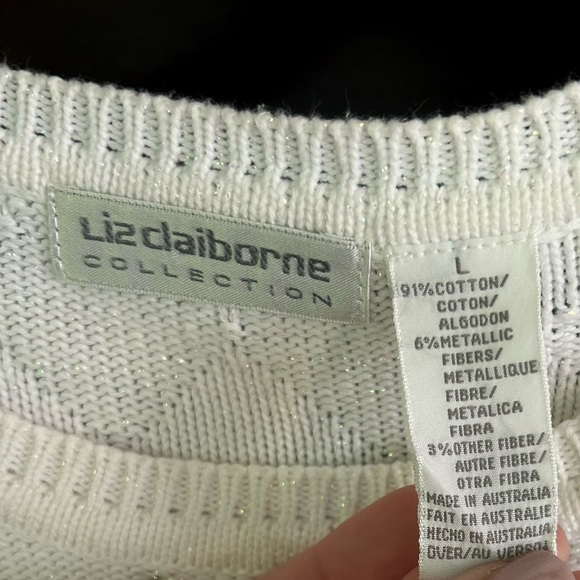 Y2K LIZ CLAIBORNE Rhinestone Cable Knit Short Sleeve Sweater Top Coquette | Sz L - Picture 2 of 13